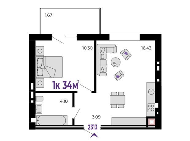 ЖК Долішній: планировка 1-комнатной квартиры 34 м²