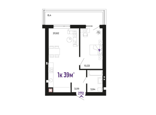 ЖК Долішній: планування 1-кімнатної квартири 39 м²