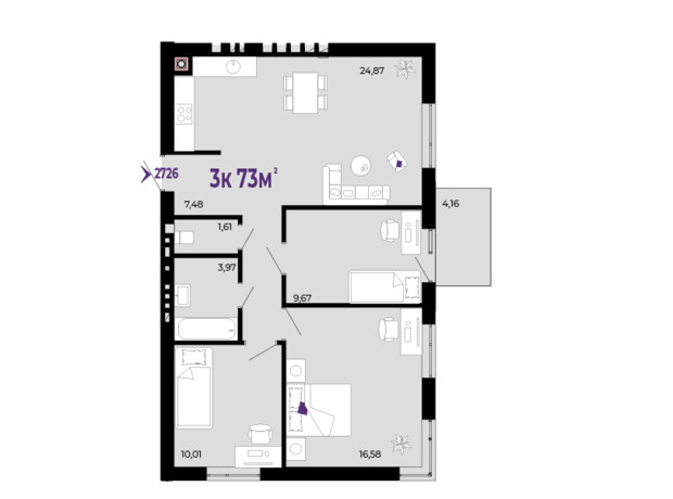 ЖК Долішній: планировка 3-комнатной квартиры 73 м²