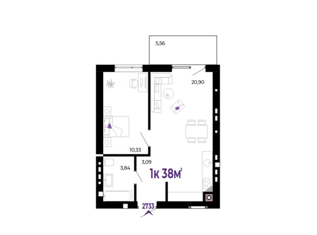 ЖК Долішній: планування 1-кімнатної квартири 38 м²