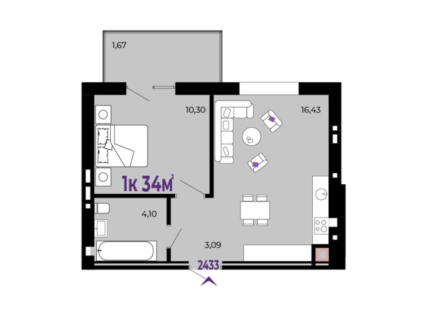 ЖК Долішній: планування 1-кімнатної квартири 34 м²