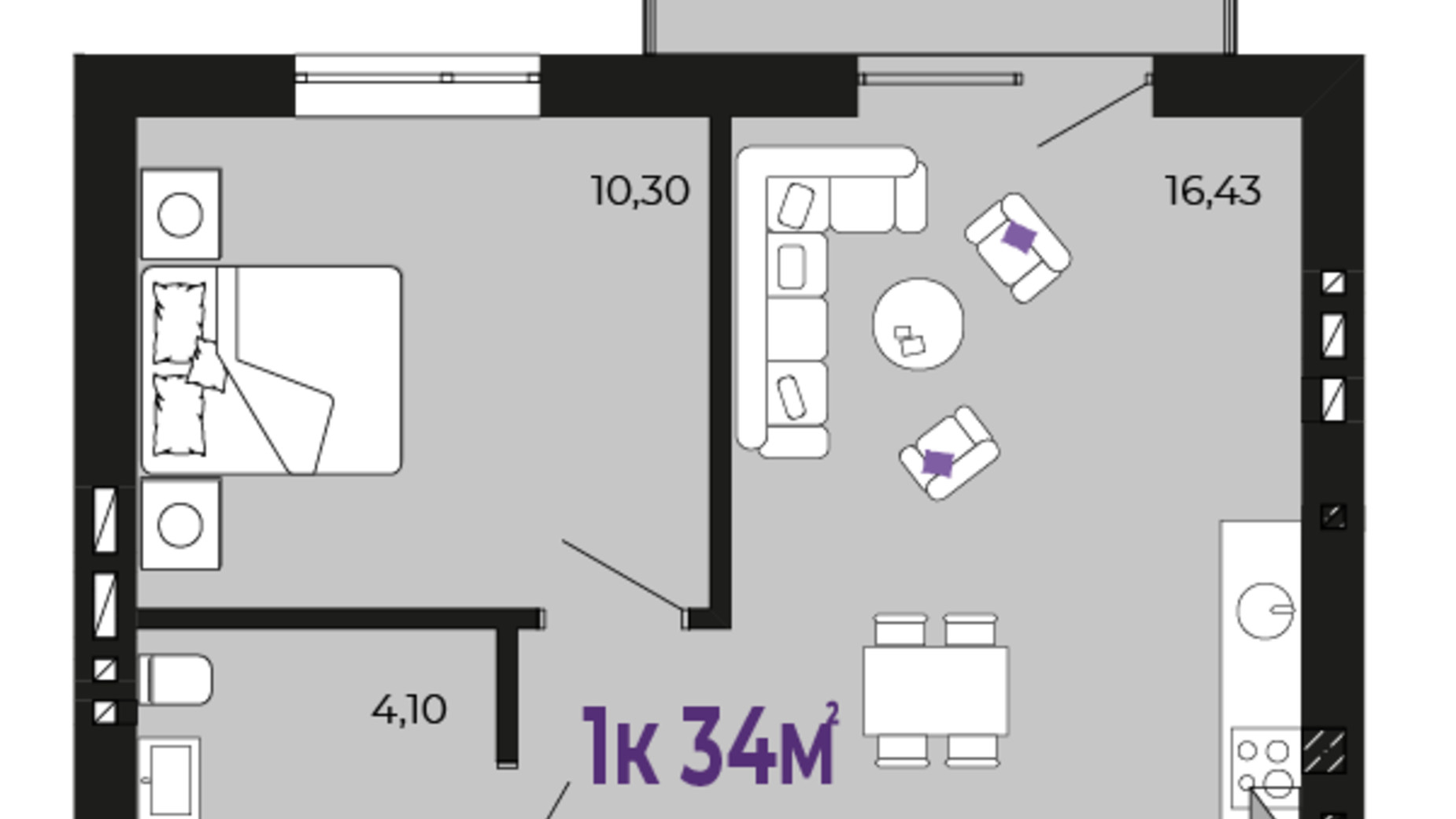 Планировка 1-комнатной квартиры в ЖК Долішній 34 м², фото 642753