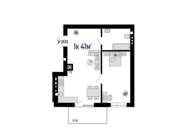 ЖК Долішній: планування 1-кімнатної квартири 41 м²