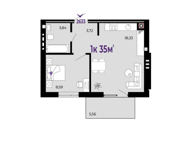 ЖК Долішній: планировка 1-комнатной квартиры 35 м²