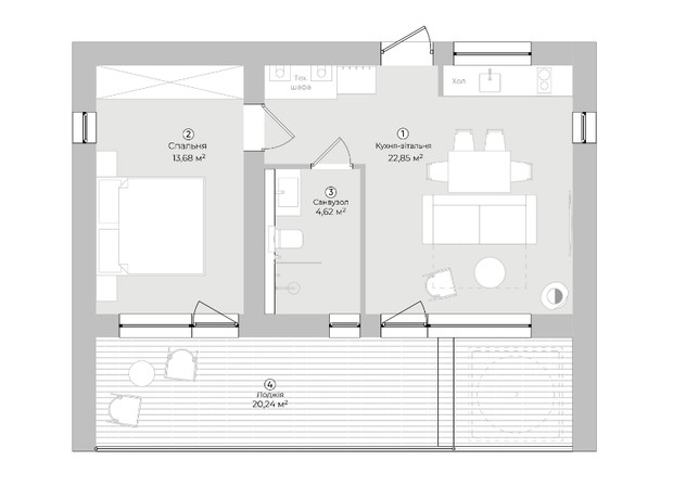 КМ Potay диво хутір: планування 1-кімнатної квартири 51.27 м²