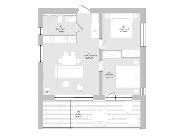 КГ Potay диво хутір: планировка 1-комнатной квартиры 62.89 м²