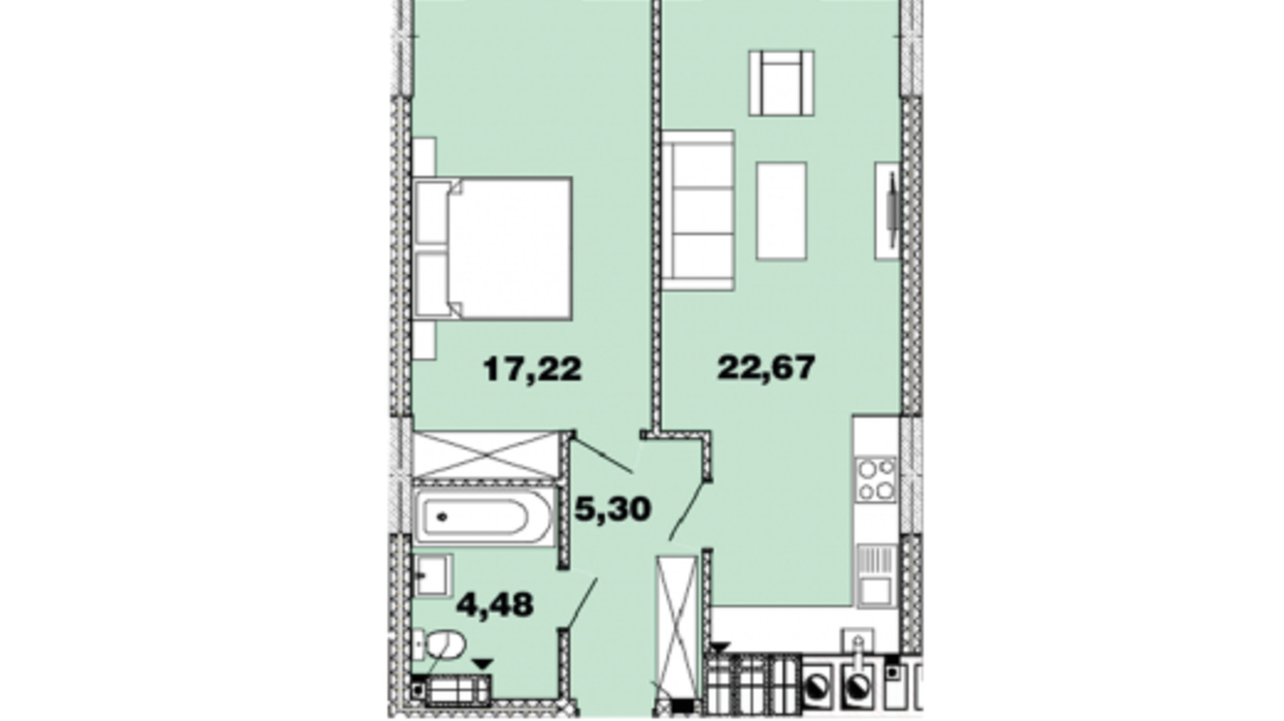 Планування 1-кімнатної квартири в ЖК Crystal Avenue 49.67 м², фото 643545