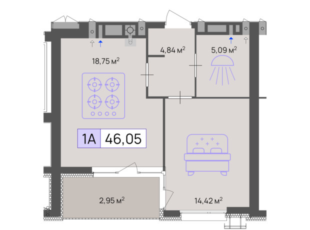 ЖК Пастерівський: планування 1-кімнатної квартири 46.05 м²