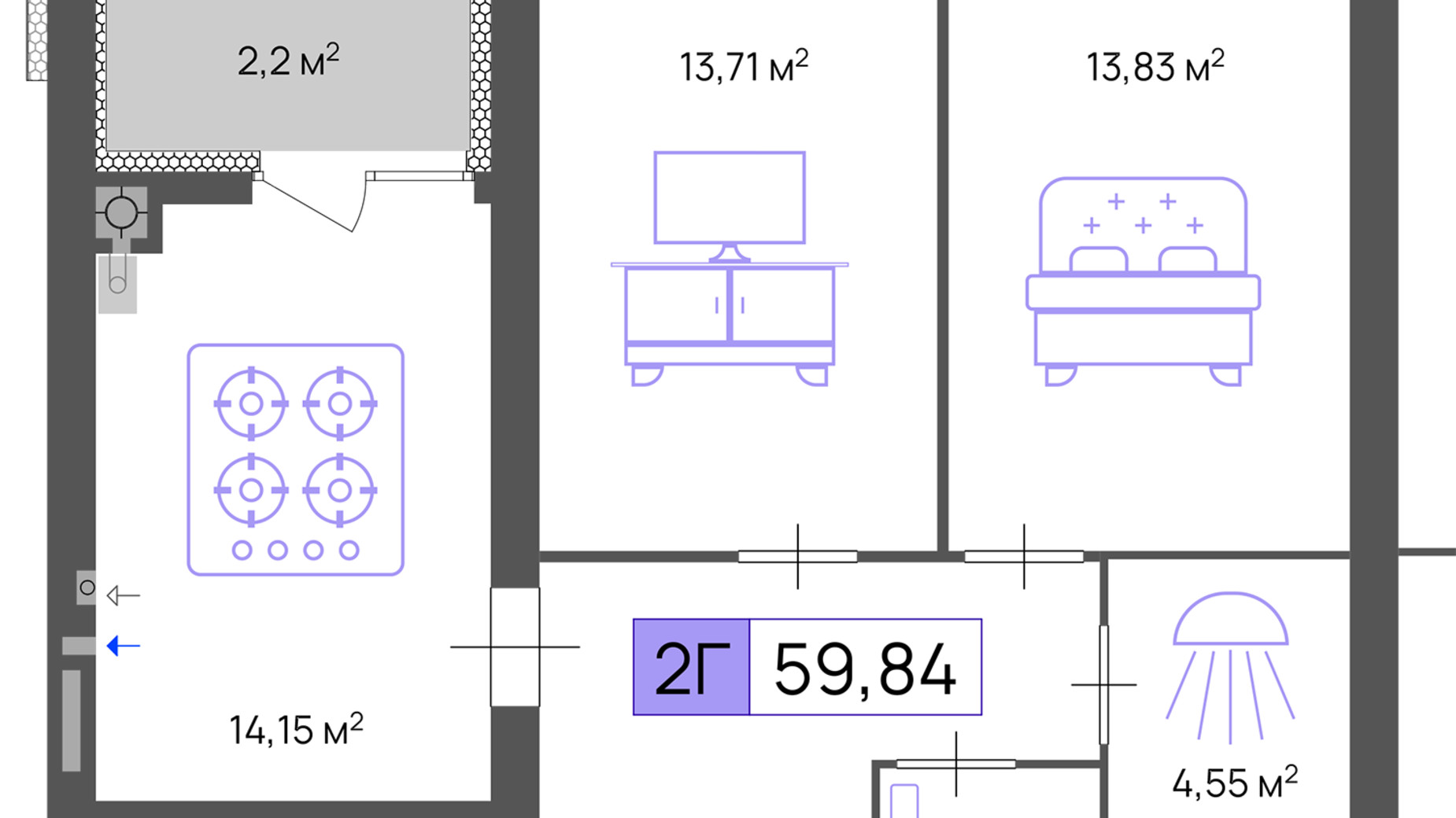 Планування 2-кімнатної квартири в ЖК Пастерівський 59.84 м², фото 643665