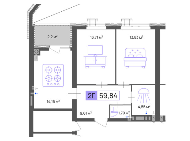 ЖК Пастеровский: планировка 2-комнатной квартиры 59.84 м²