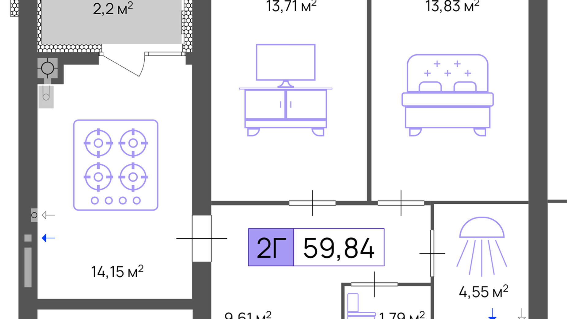 Планування 2-кімнатної квартири в ЖК Пастерівський 59.84 м², фото 643667