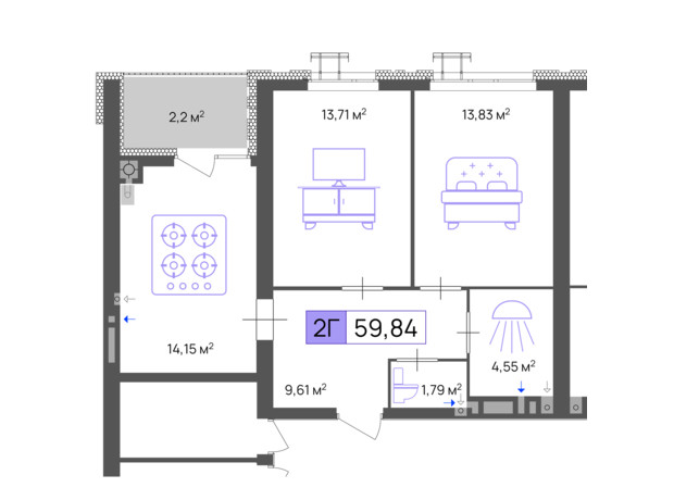 ЖК Пастерівський: планування 2-кімнатної квартири 59.84 м²