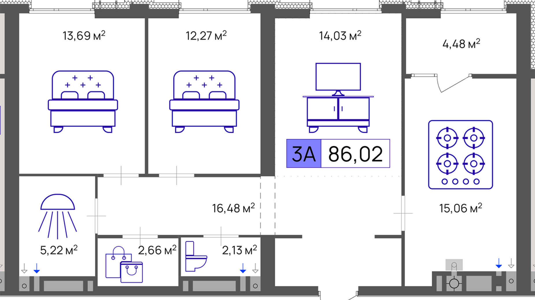 Планировка 3-комнатной квартиры в ЖК Пастеровский 86.02 м², фото 643669