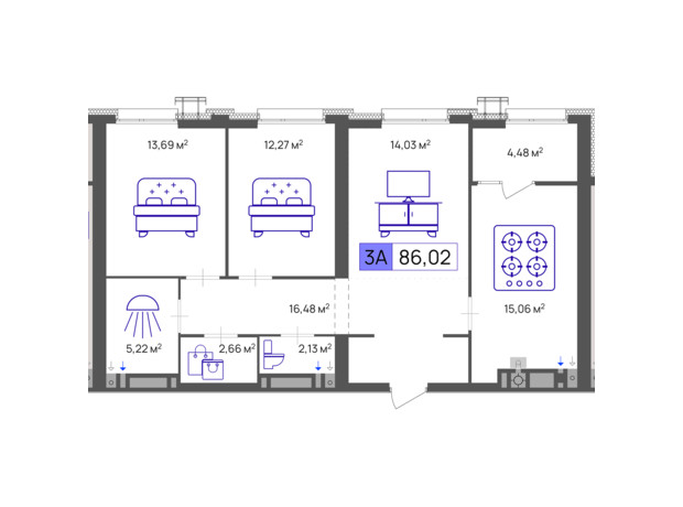 ЖК Пастеровский: планировка 3-комнатной квартиры 86.02 м²