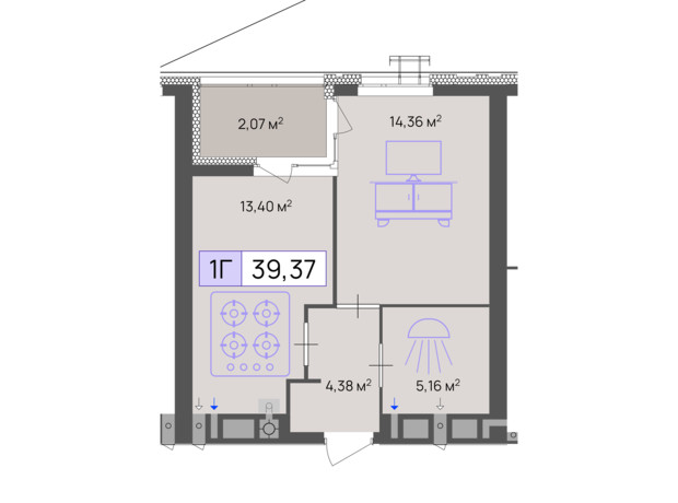 ЖК Пастерівський: планування 1-кімнатної квартири 39.37 м²