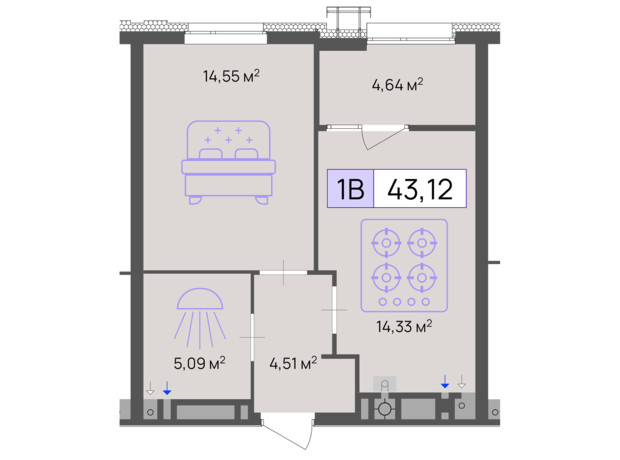 ЖК Пастерівський: планування 1-кімнатної квартири 43.12 м²