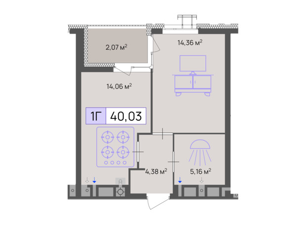 ЖК Пастерівський: планування 1-кімнатної квартири 40.03 м²