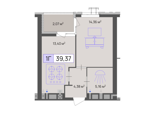 ЖК Пастерівський: планування 1-кімнатної квартири 39.37 м²