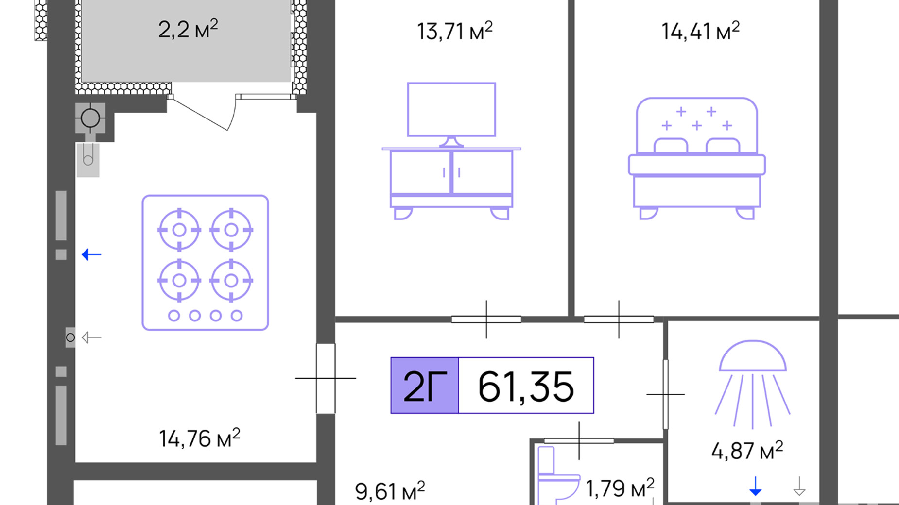 Планировка 2-комнатной квартиры в ЖК Пастеровский 61.35 м², фото 643681