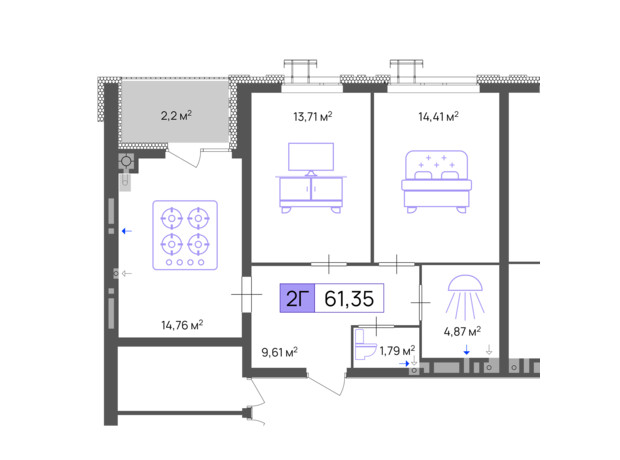 ЖК Пастерівський: планування 2-кімнатної квартири 61.35 м²