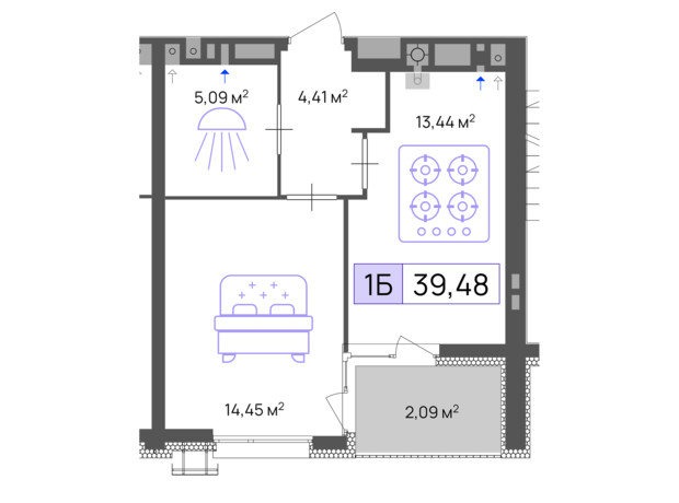 ЖК Пастерівський: планування 1-кімнатної квартири 39.48 м²