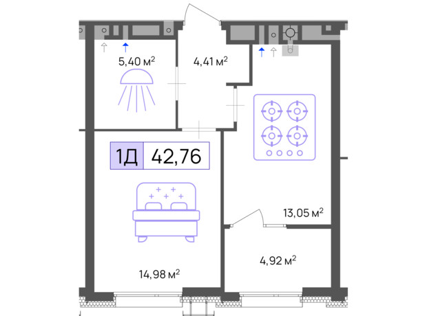 ЖК Пастерівський: планування 1-кімнатної квартири 42.76 м²