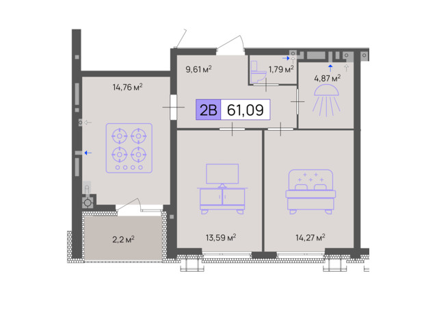 ЖК Пастерівський: планування 2-кімнатної квартири 61.09 м²