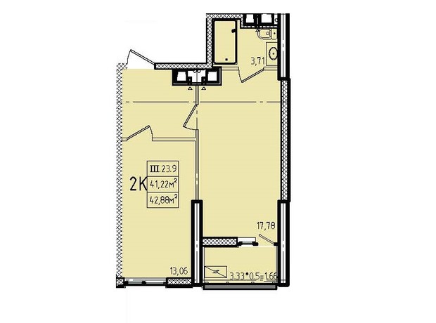 ЖК Еллада: планування 1-кімнатної квартири 42.88 м²
