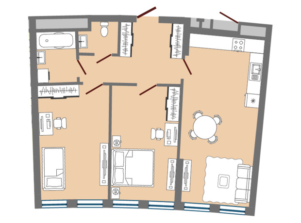 ЖК Greenville Park Lviv: планування 2-кімнатної квартири 67.57 м²
