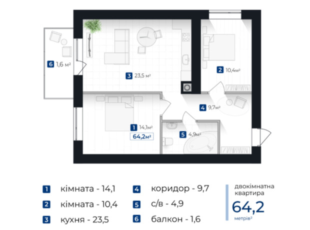 ЖК Городок Южный: планировка 2-комнатной квартиры 64.2 м²