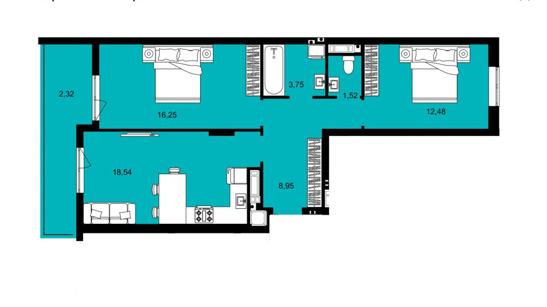 Планировка 2-комнатной квартиры в ЖК Continent West 63.81 м², фото 644385