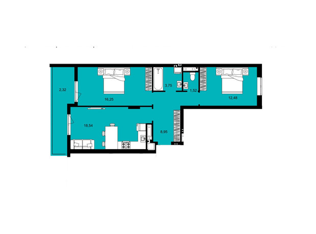 ЖК Continent West: планировка 2-комнатной квартиры 63.81 м²