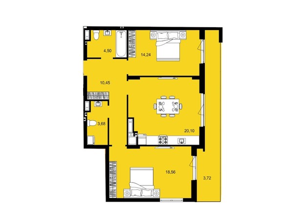 ЖК Continent West: планування 2-кімнатної квартири 75.25 м²
