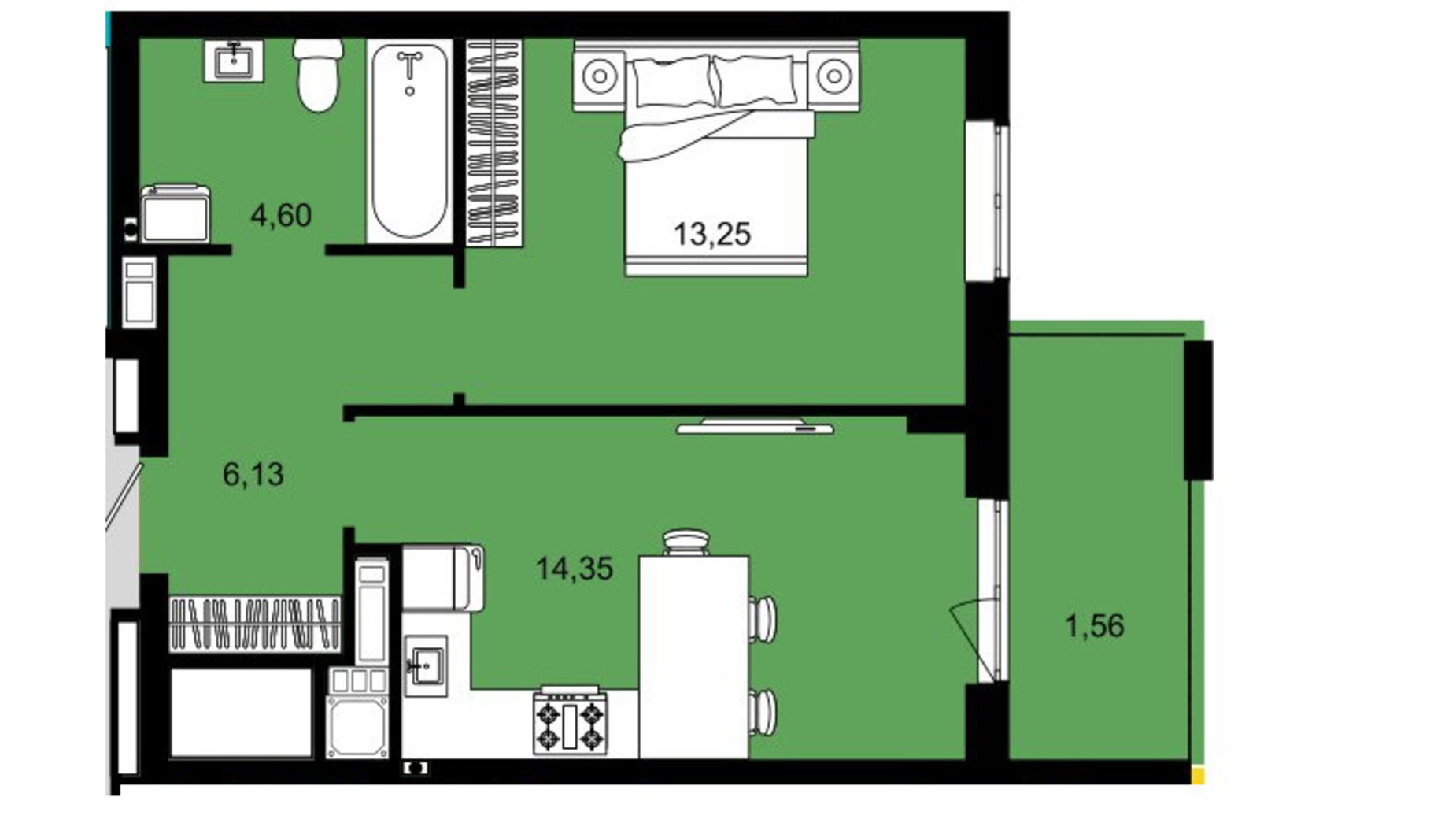 Планировка 1-комнатной квартиры в ЖК Continent West 39.89 м², фото 644388