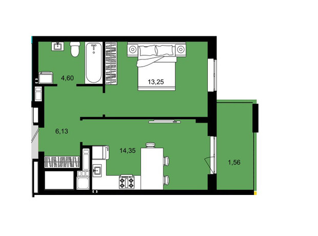 ЖК Continent West: планування 1-кімнатної квартири 39.89 м²
