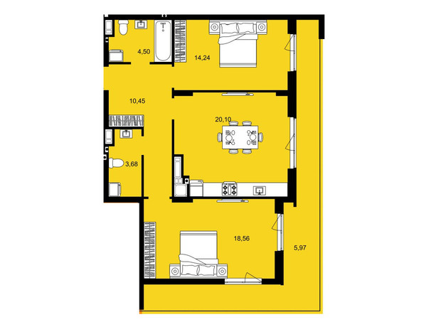 ЖК Continent West: планування 2-кімнатної квартири 77.5 м²