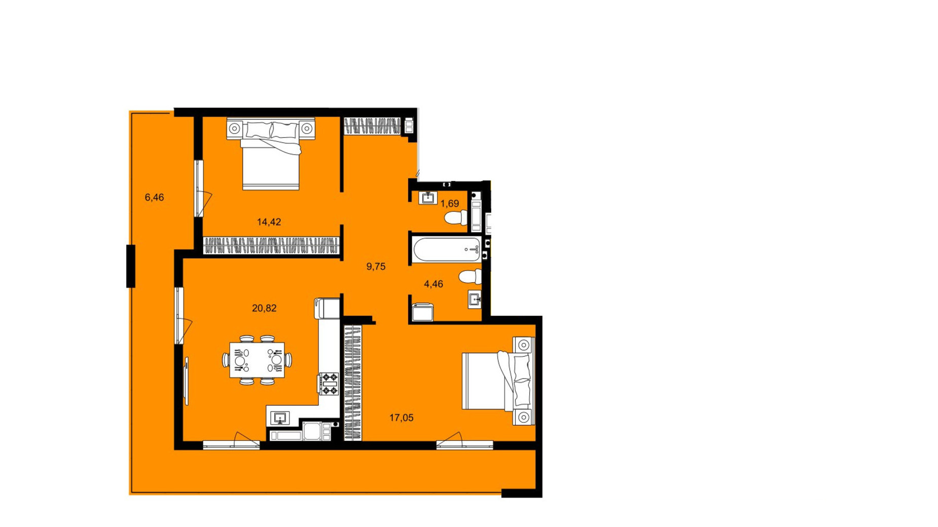 Планировка 2-комнатной квартиры в ЖК Continent West 74.65 м², фото 644390