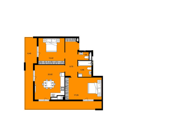 ЖК Continent West: планировка 2-комнатной квартиры 74.65 м²