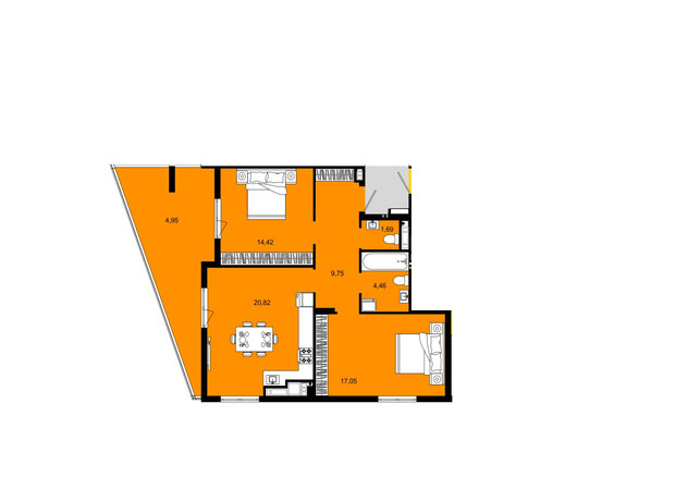 ЖК Continent West: планування 2-кімнатної квартири 73.14 м²