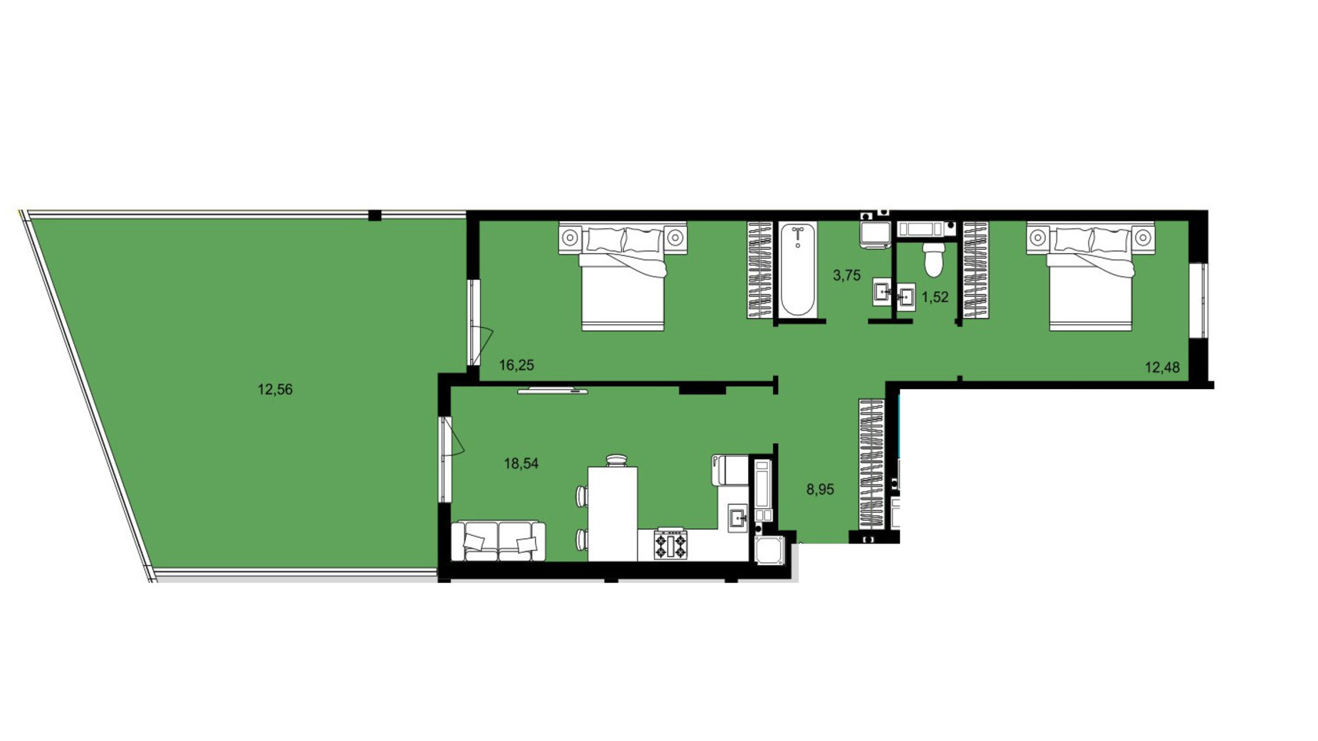 Планировка 2-комнатной квартиры в ЖК Continent West 74.05 м², фото 644393