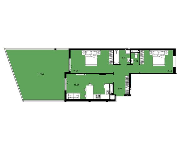 ЖК Continent West: планировка 2-комнатной квартиры 74.05 м²