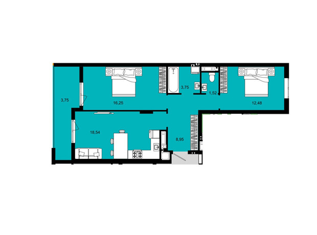 ЖК Continent West: планування 2-кімнатної квартири 65.24 м²