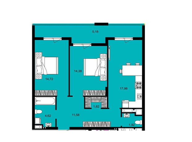 ЖК Continent West: планування 2-кімнатної квартири 72.2 м²