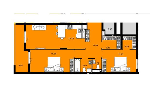 ЖК Continent West: планування 2-кімнатної квартири 80.54 м²