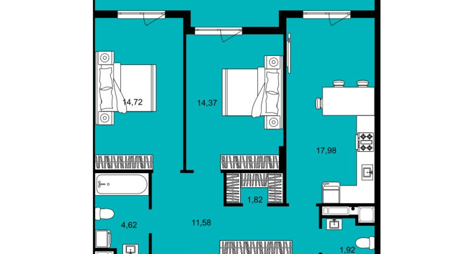 Планировка 2-комнатной квартиры в ЖК Continent West 72.19 м², фото 644398