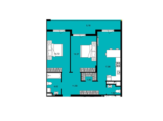 ЖК Continent West: планировка 2-комнатной квартиры 72.19 м²