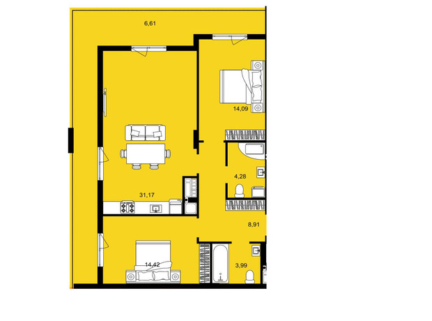 ЖК Continent West: планування 2-кімнатної квартири 83.47 м²