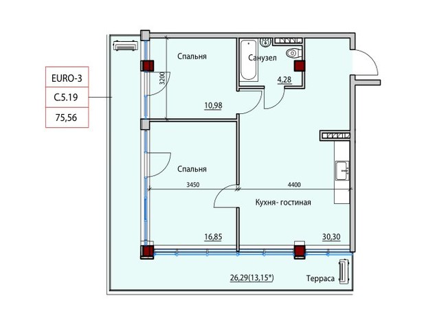 ЖК Пространство на Софиевской: планировка 2-комнатной квартиры 73.14 м²