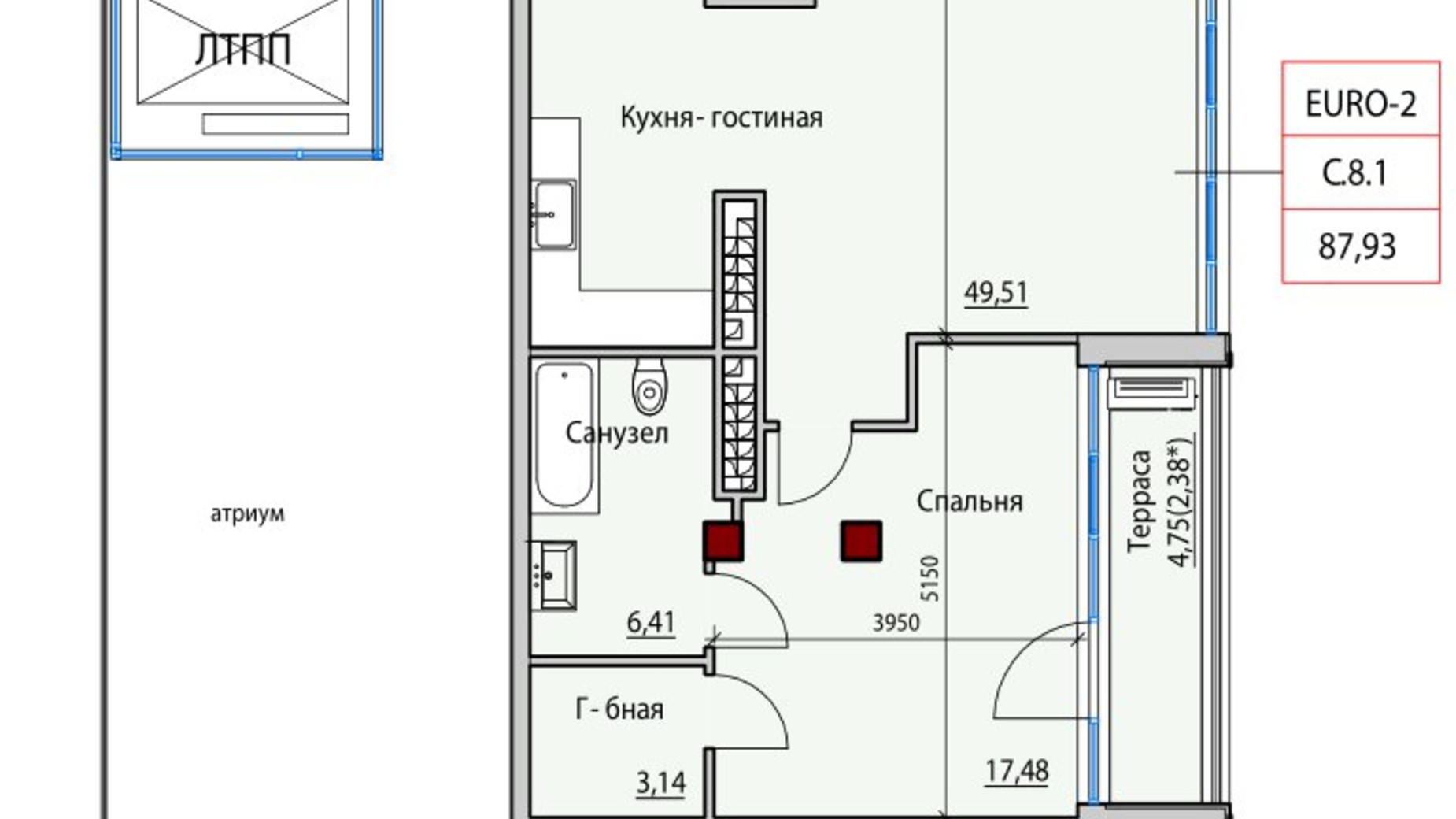 Планування 2-кімнатної квартири в ЖК Пространство на Софіївській 87.93 м², фото 644401