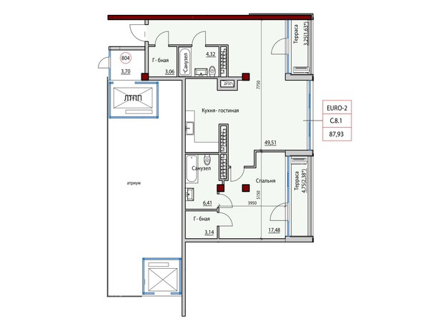 ЖК Пространство на Софиевской: планировка 2-комнатной квартиры 87.93 м²